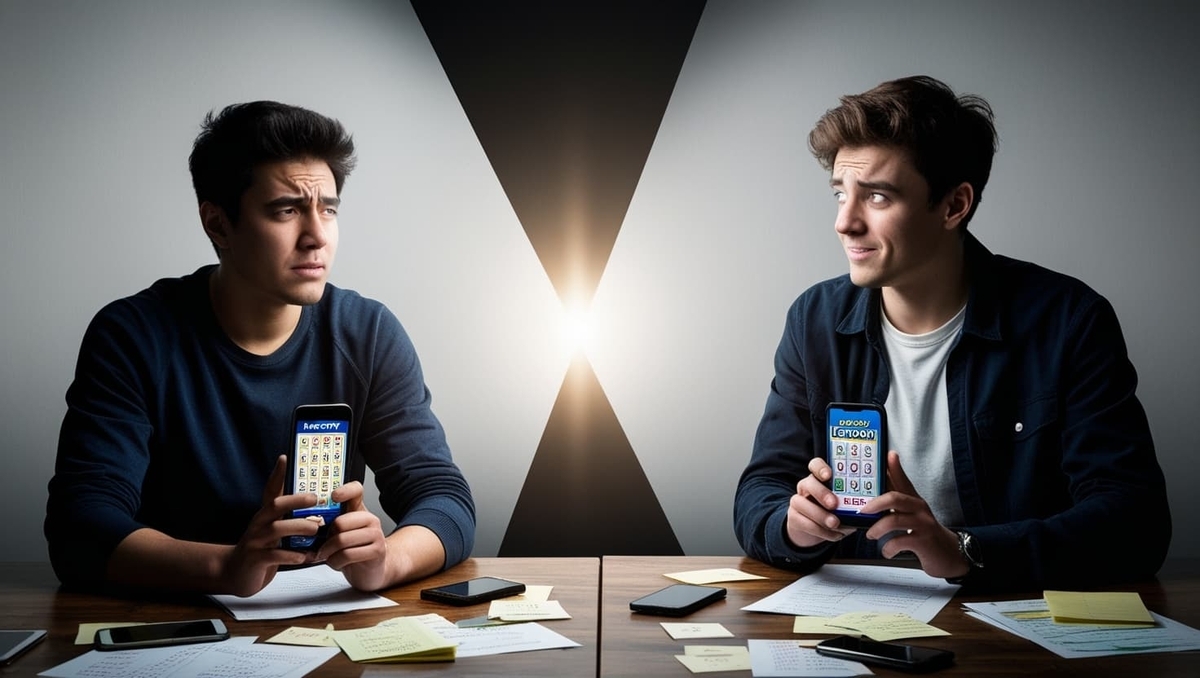 Two young men emotionally comparing lottery outcomes — one frustrated, the other uncertain — divided by a dramatic beam of light symbolizing the stark contrast between hope and despair.