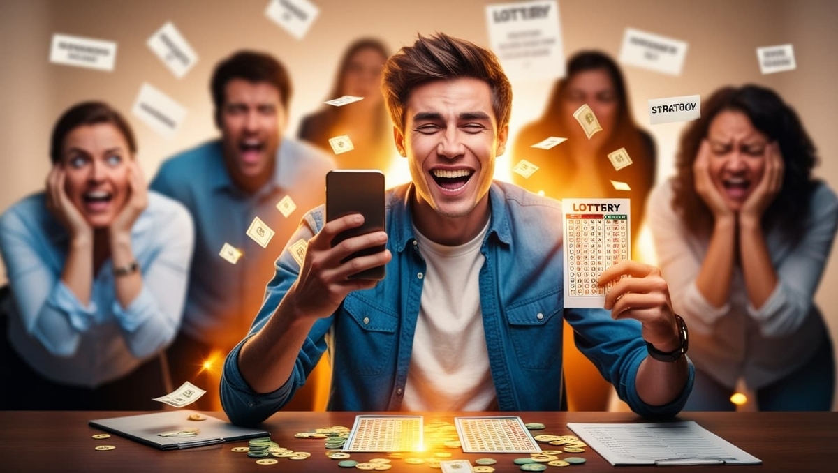 A young man overwhelmed with joy, holding a winning lottery ticket and smartphone, while others behind him react in disbelief and shock. The glow of triumph surrounds him.