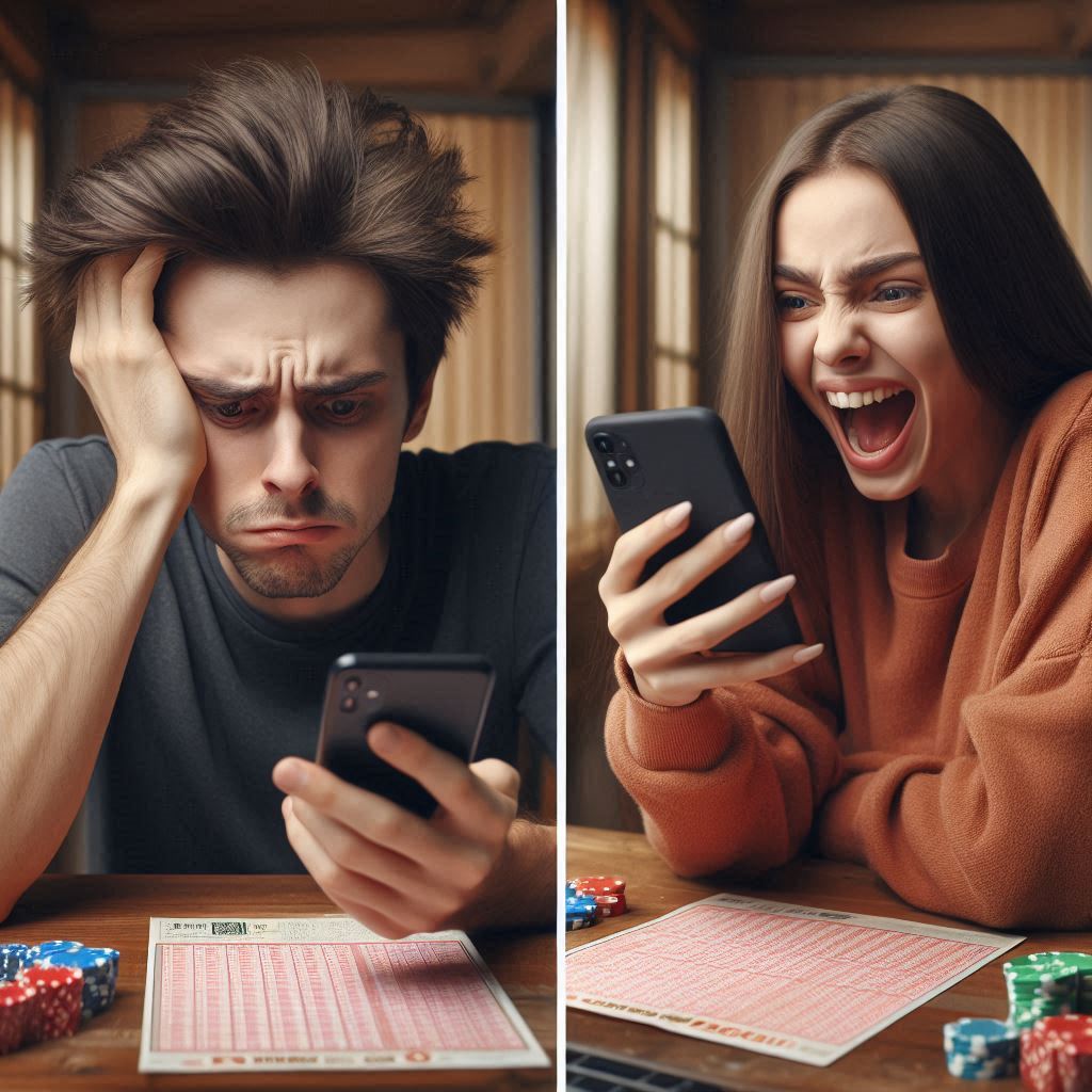 Two young people reacting to a lottery result — the man in disbelief, the woman in ecstatic joy. A raw emotional split between heartbreak and triumph