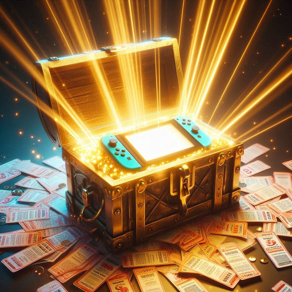 A golden opportunity – Switch2 emerges from a glowing treasure chest, symbolizing the “god-tier” draw.