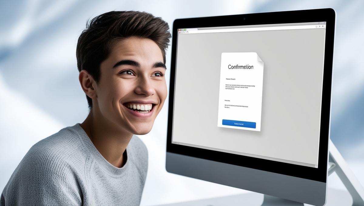 Bursting with joy, a young man stares at the confirmation screen with sparkling eyes. 🌟✨ This is the moment!