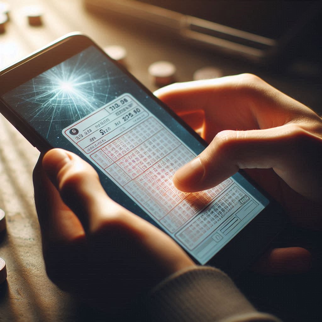 A dazzling moment of fate — a close-up of hands checking a lottery-like ticket on a smartphone, glowing with suspense and excitement.
