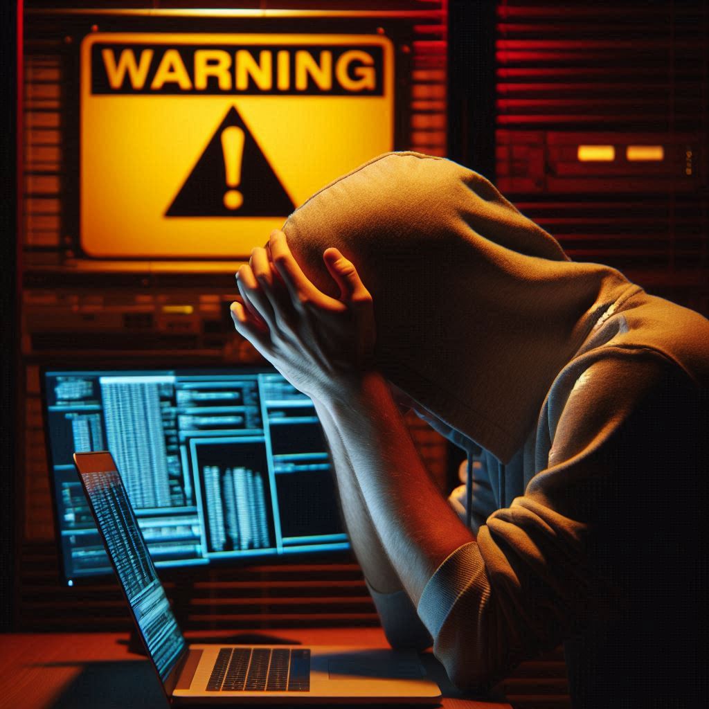 Shocked gamer overwhelmed by a digital warning alert — the tension and regret of a critical mistake under dramatic lighting.
