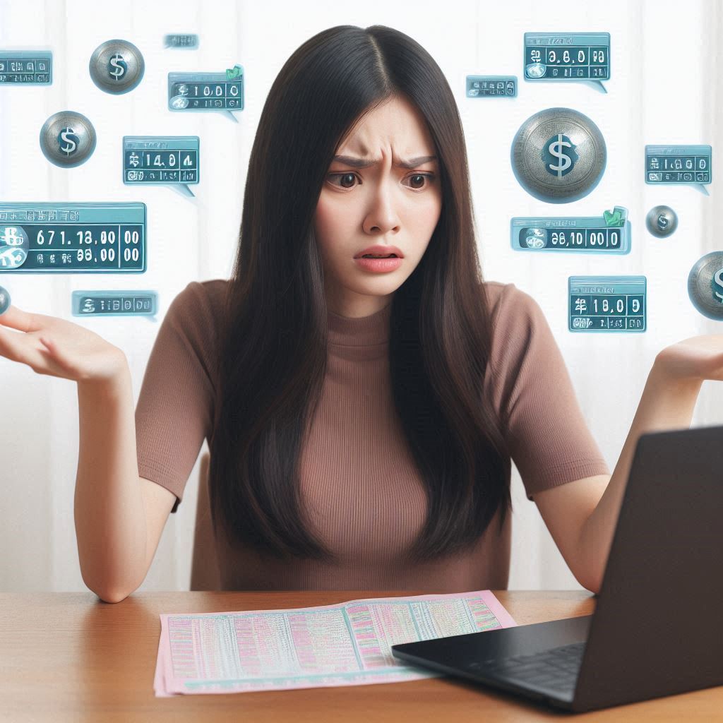 A confused young woman staring at numbers and lottery-like data on screen, overwhelmed by odds and uncertainty – expressing frustration, curiosity, and slight hope