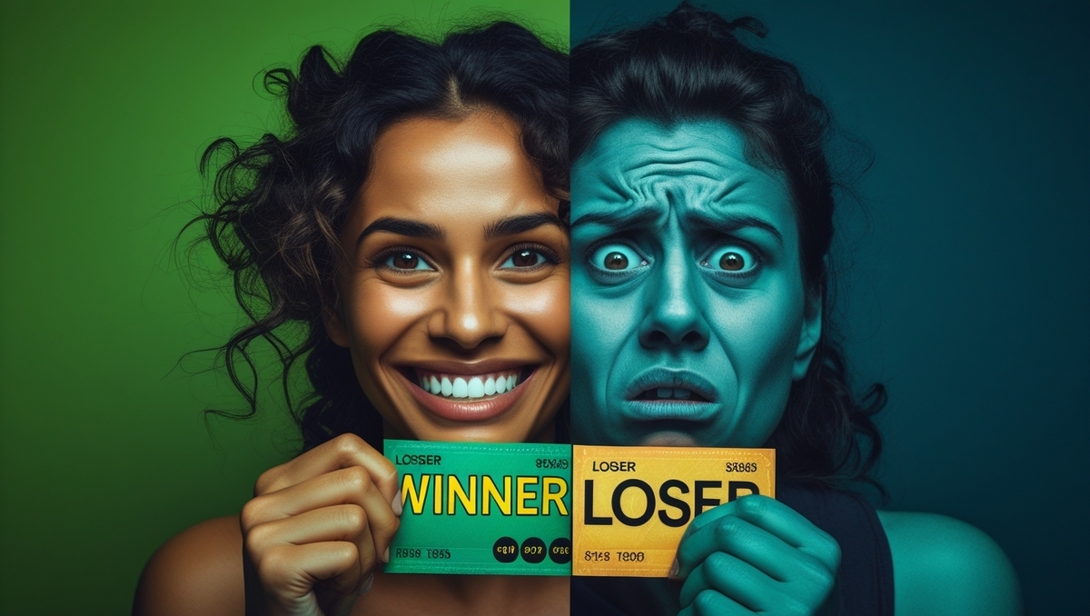 Extreme emotional contrast between lottery winner's pure joy and loser's anxious disbelief – capturing the real drama of random luck.
