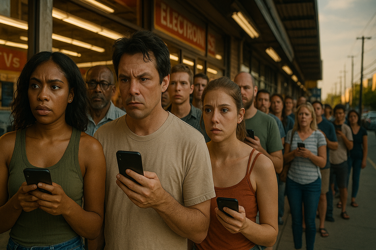 A tense crowd anxiously checking smartphones while standing in line outside a store, their faces filled with worry, hope, and rising anticipation—capturing the emotional storm of a high-stakes product lottery.
