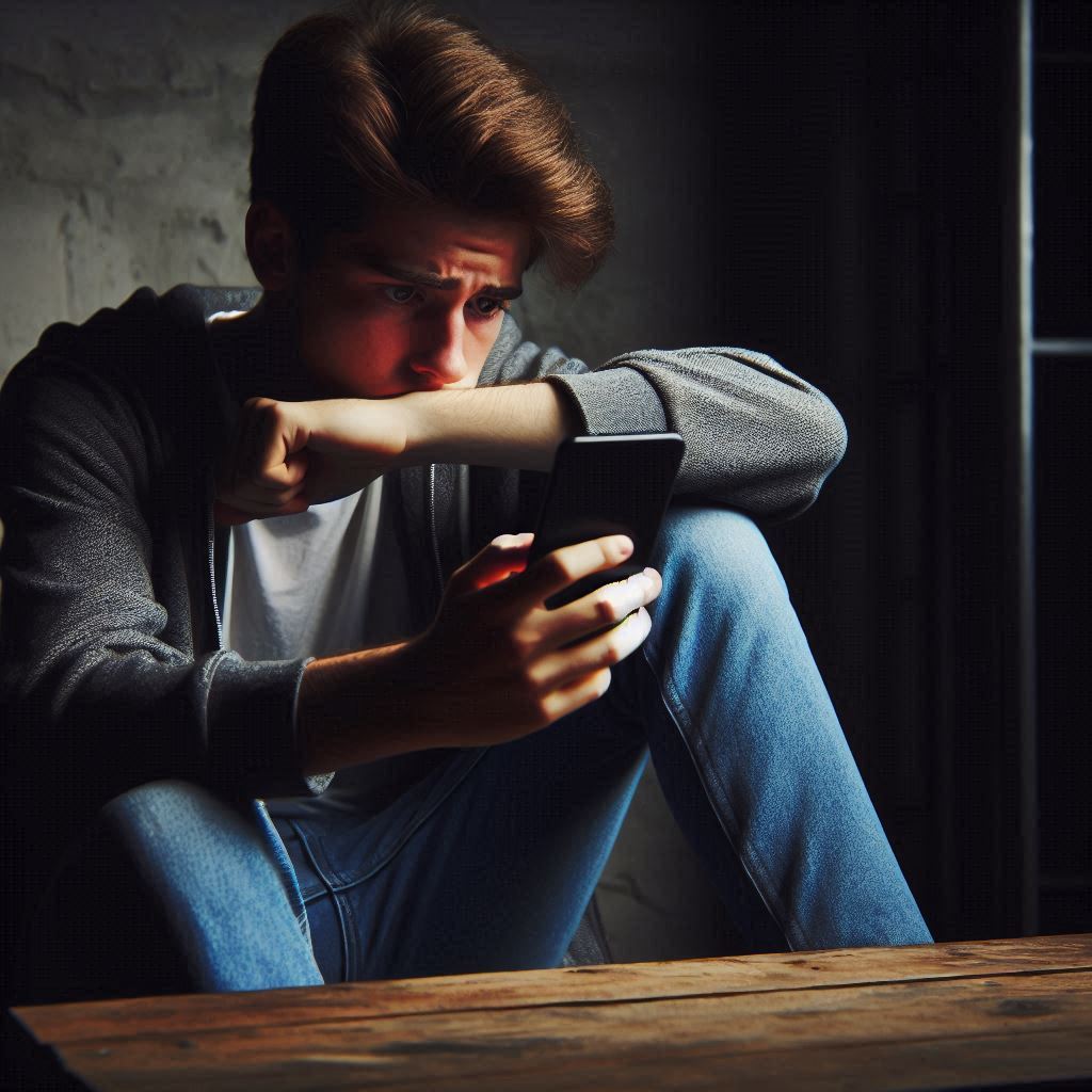 A young man staring anxiously at his smartphone, overwhelmed with emotion and anticipation. A raw moment of tension, fear, and fragile hope.