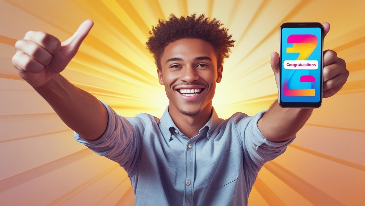 A young man radiating pure joy and excitement, holding up a smartphone with a 'Congratulations' message, thumbs up with bright golden light bursting behind him. A moment of unforgettable happiness.