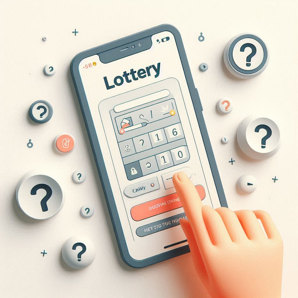 A hopeful fingertip hovering over a lottery entry button, surrounded by question marks — symbolizing uncertainty, tension, and the quiet thrill of wishing to win.