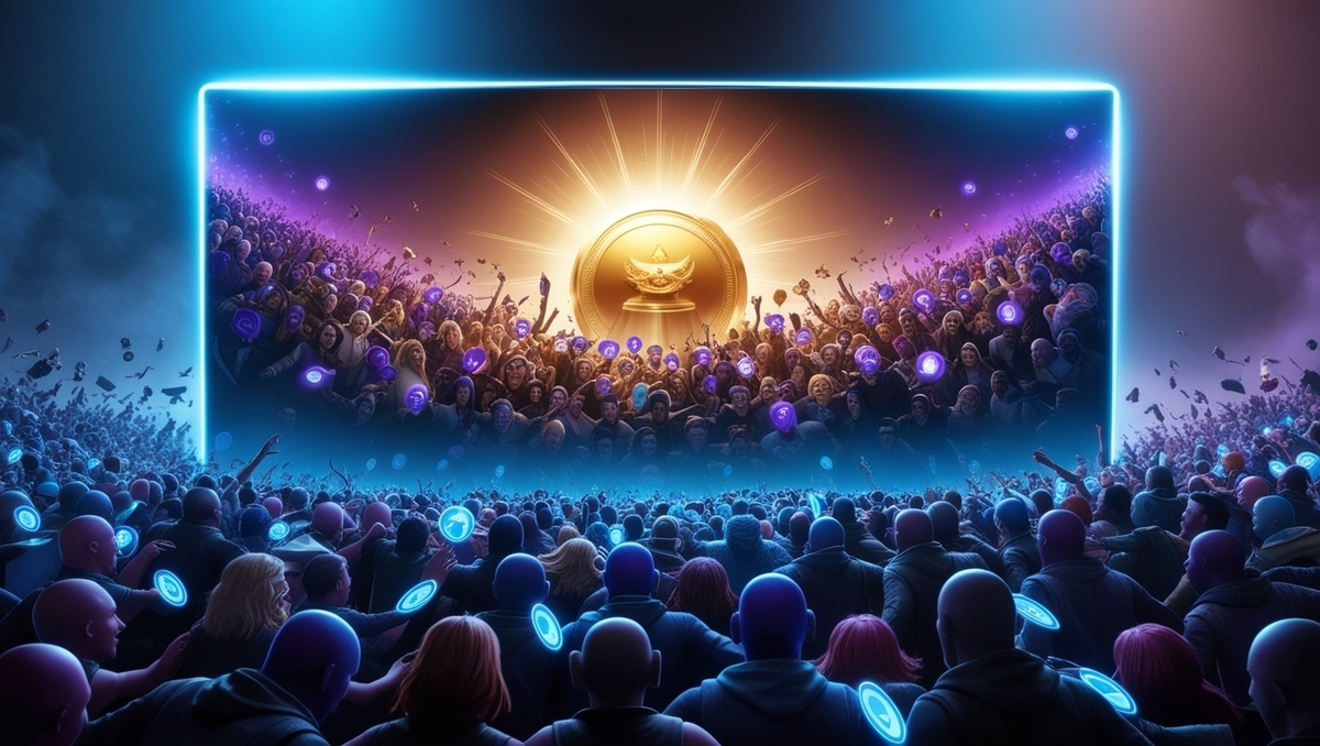A massive digital crowd reaching toward a glowing golden token, symbolizing hope, desperation, and the fierce pursuit of a single win.