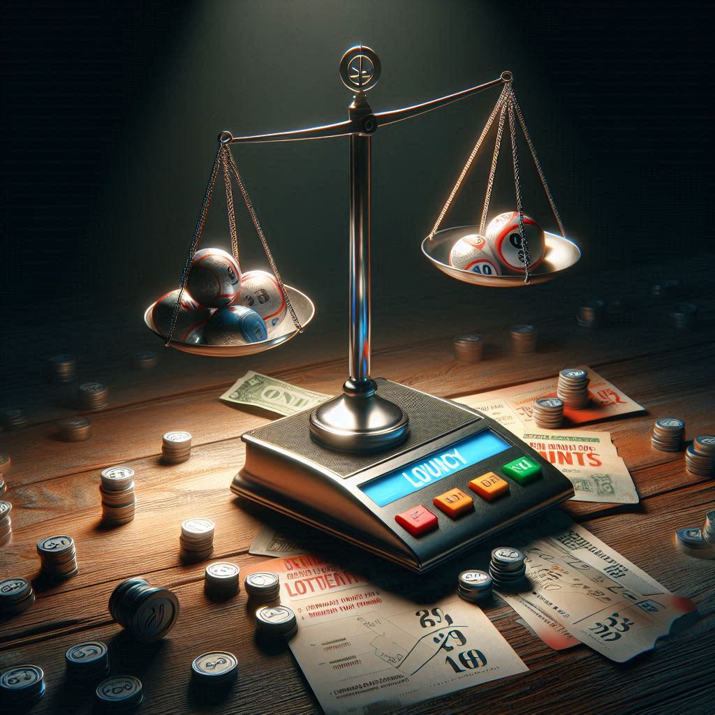 Unbalanced lottery scale glowing under spotlight, sparking feelings of unfairness and hidden truth.