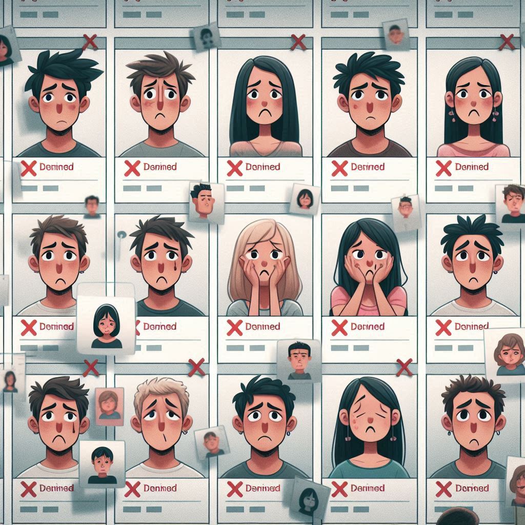 Heartbroken faces stare back from rejection cards — the quiet despair of being left out again. A visual echo of disappointment and unfair odds.
