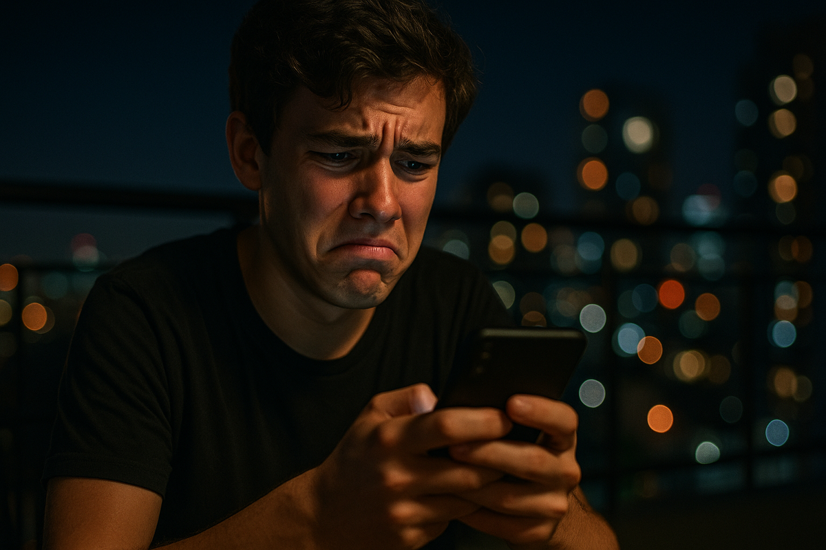 A devastated young man sitting in the dark, staring at his phone in disbelief after losing a lottery — frustration, disappointment, emotional turmoil.