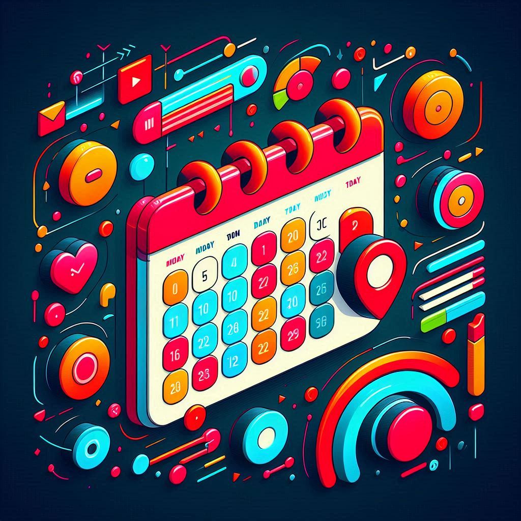 A futuristic calendar interface glowing with reminders, hearts, and icons — capturing the excitement, anticipation, and focused preparation before a big event.
