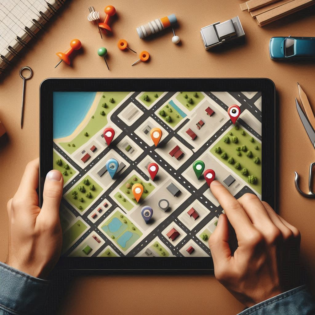 Hands navigating a colorful digital map on a tablet, searching for the perfect location — filled with curiosity, strategy, and the hopeful tension of finding a hidden opportunity
