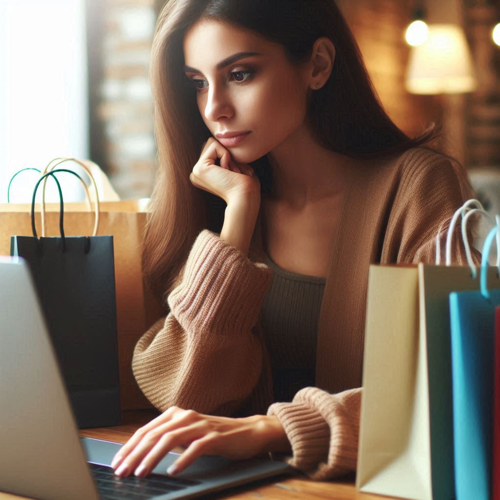 A warm, cozy moment of anticipation—she discovers the hidden path to her dream purchase, surrounded by hope and shopping bags.