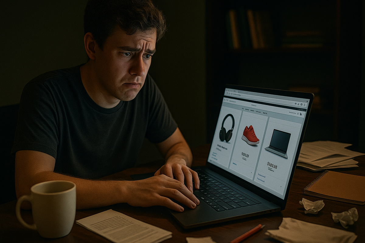 Frustrated young man desperately searching online for a sold-out item, bathed in dim light, overwhelmed and disheartened by endless out-of-stock listings