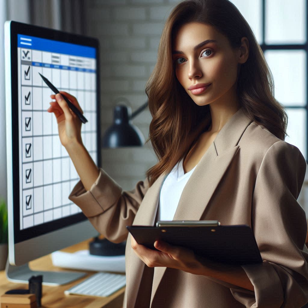 Focused woman confidently marking tasks on a checklist, radiating control and calm in a bright, productive workspace