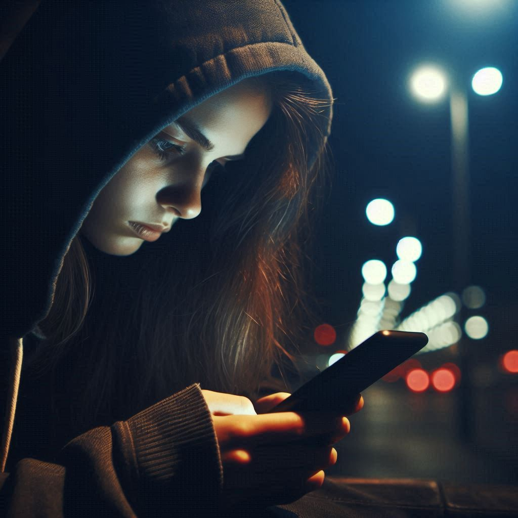 Young woman in a hoodie sitting alone at night, gazing at her phone with a heavy heart, surrounded by cold streetlights and emotional silence