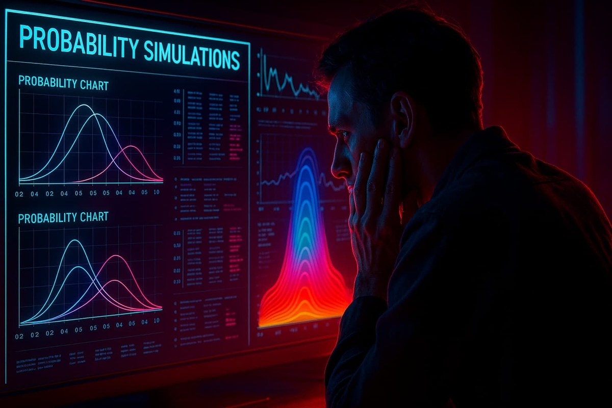 A man stares intensely at glowing probability simulations on a futuristic screen, immersed in data, hope, and tension – chasing the miracle odds.