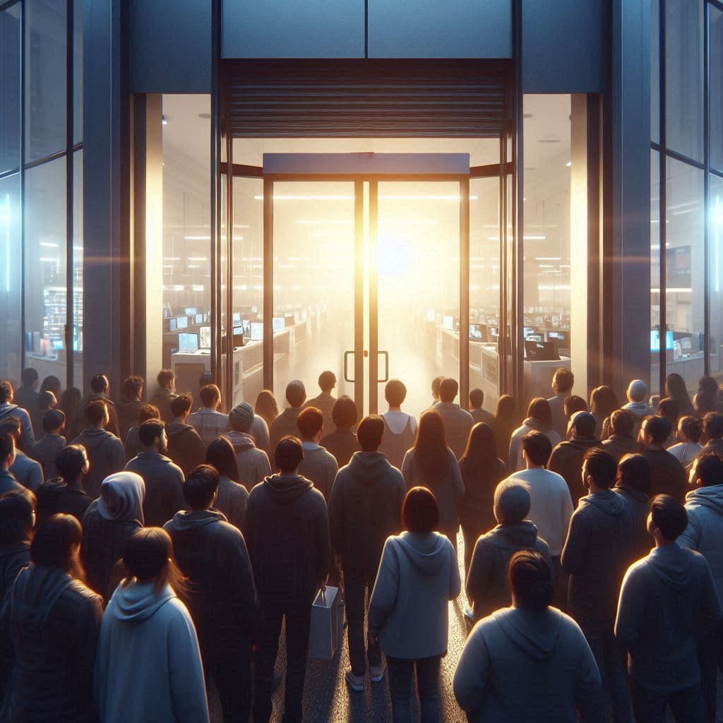 A hopeful crowd gathers outside a glowing store entrance at dawn, ready to rush in as rumors of an in-store console release swirl. The air is thick with excitement and anticipation.