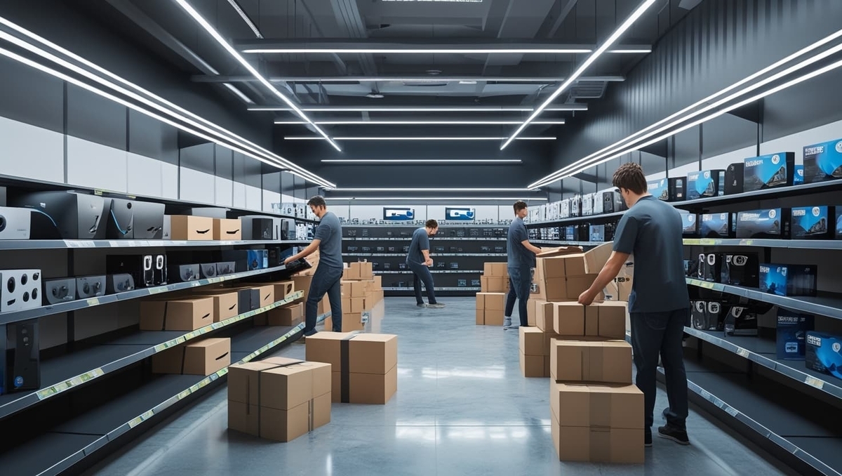 A hopeful scene inside a modern electronics store as workers carefully unpack new stock — the air is filled with anticipation and quiet excitement, hinting at something big arriving soon.