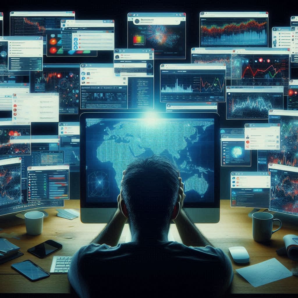 Overwhelmed by a storm of data, a lone analyst stares into countless screens — chasing a glimpse of truth amid digital chaos, pressure, and fragile hope