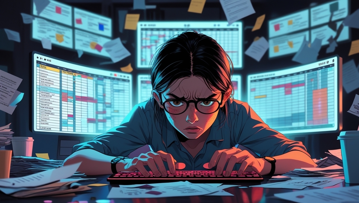 A woman with a furrowed brow and intense gaze stares into multiple glowing monitors filled with schedules, chaos and determination in her eyes, surrounded by scattered papers — embodying digital frustration and urgency.