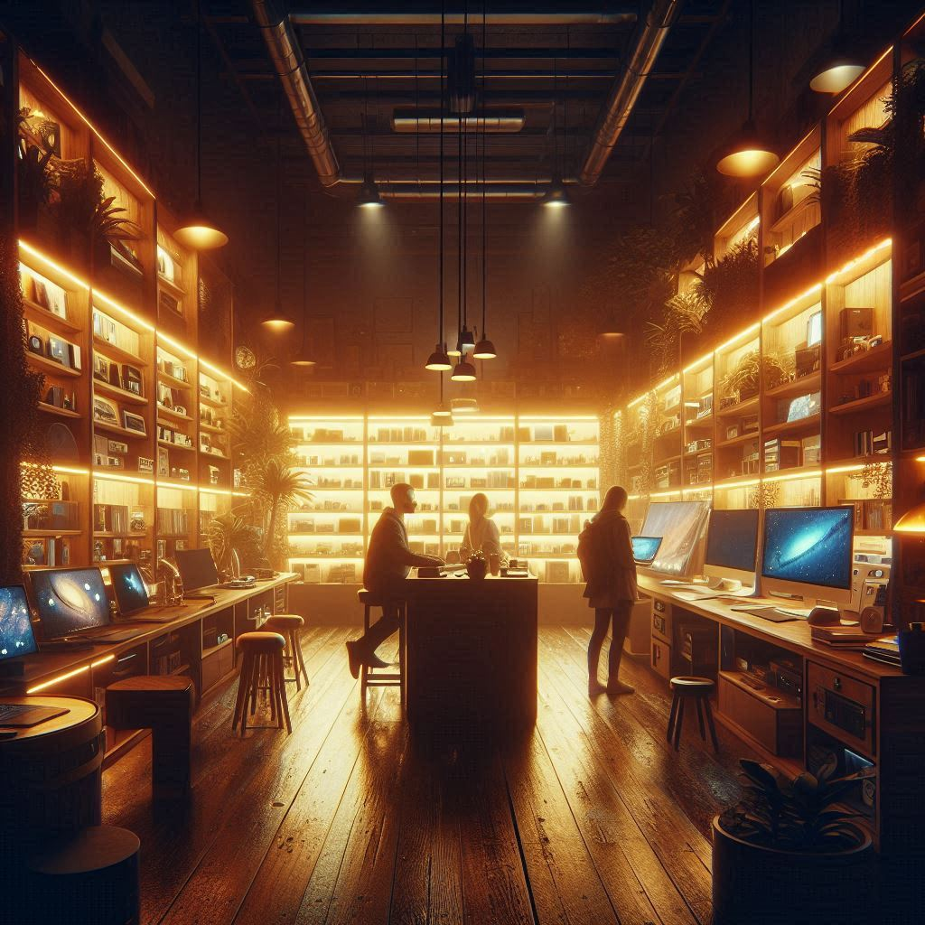 A warm, softly-lit electronics store filled with glowing monitors and ambient shelves, where a quiet sense of curiosity, anticipation, and digital wonder lingers in the air.