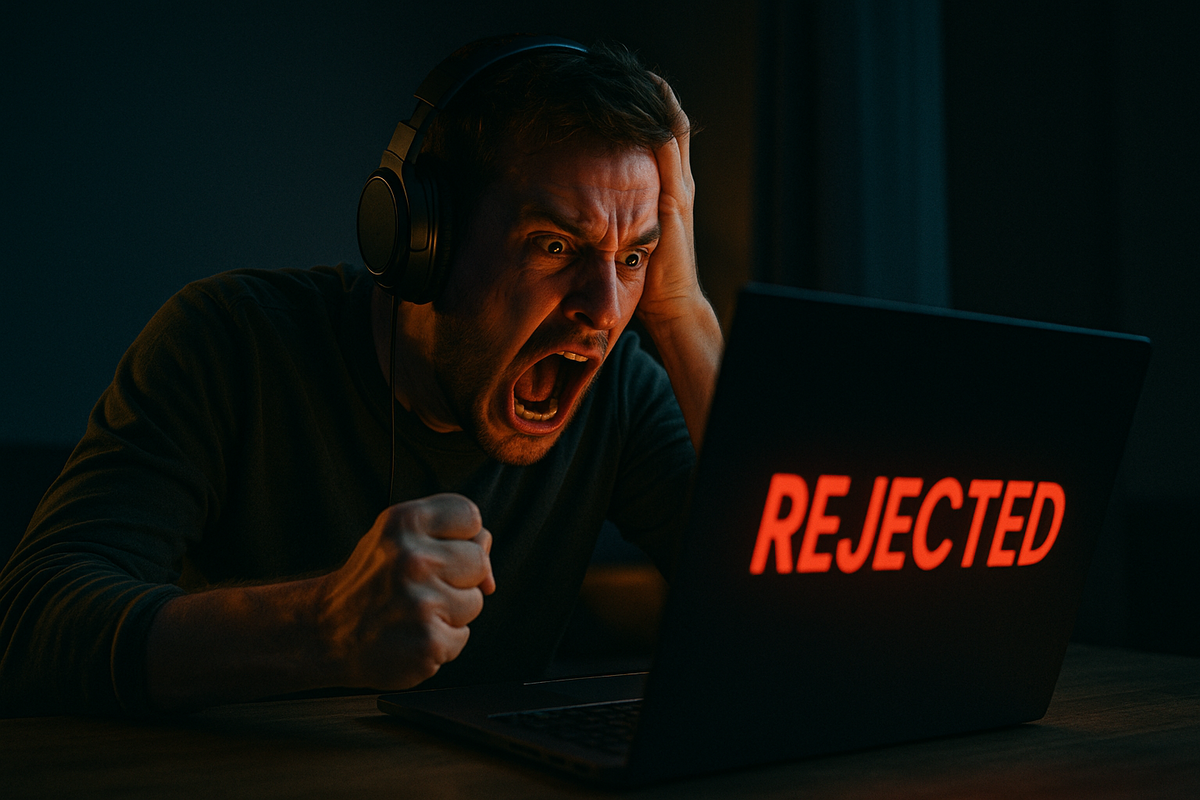 Frustrated man screaming at his laptop after being rejected in an online lottery, overwhelmed by disappointment and disbelief – a raw emotional reaction to yet another failed Switch 2 reservation attempt.