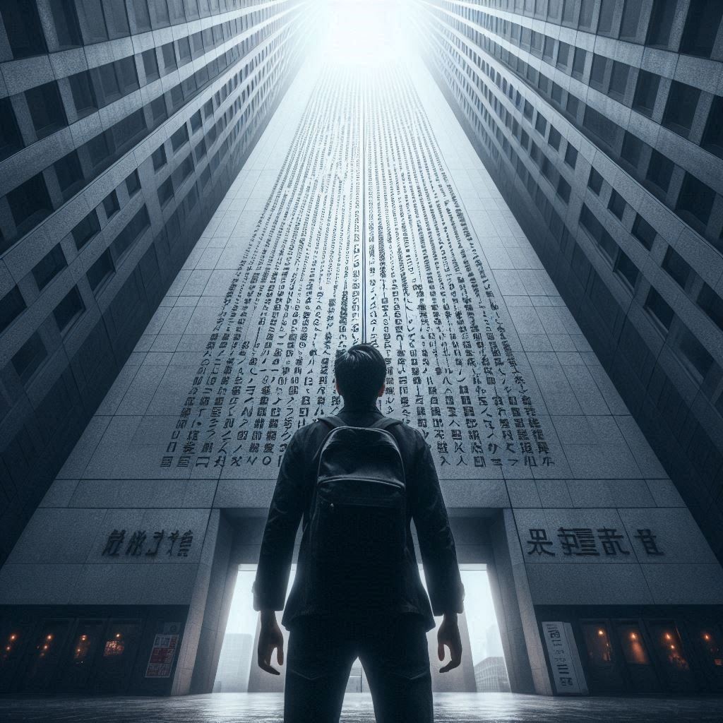 A determined traveler stands before an endless wall of Japanese text, gazing toward a glowing future. The path is daunting, but hope radiates from above—a journey into knowledge, courage, and self-discovery.