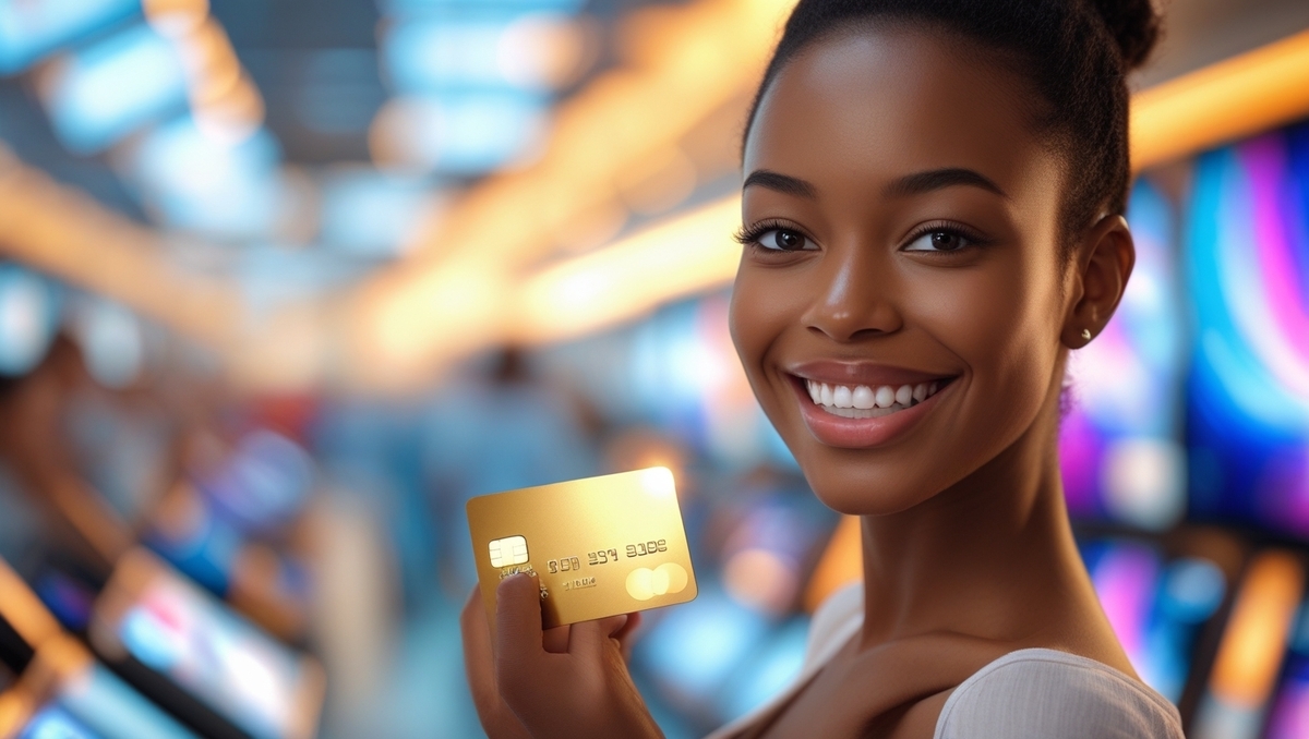 A radiant young woman beams with joy while holding a golden credit card, surrounded by soft glowing lights—capturing the essence of empowerment, opportunity, and financial freedom.