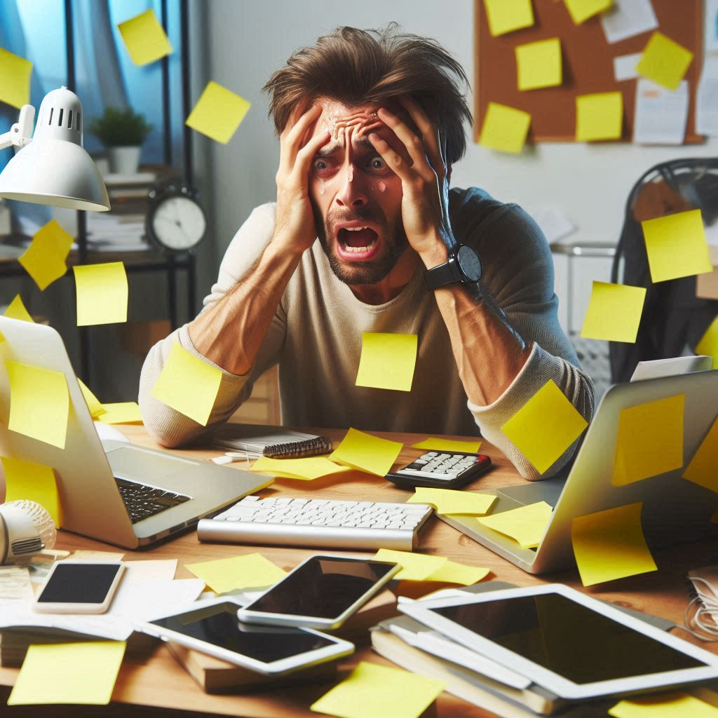 A frustrated man overwhelmed by chaos, drowning in sticky notes and screens—capturing the emotional storm of burnout, digital overload, and the desperate search for clarity in a noisy world.