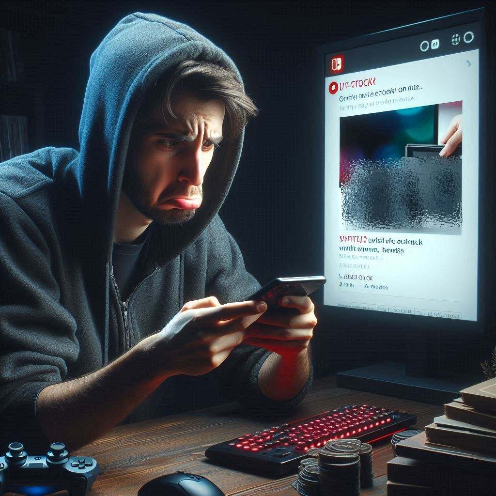 A frustrated man in a hoodie stares at his phone in disbelief, overwhelmed by the crushing disappointment of a sold-out Switch 2 listing online. Raw frustration meets digital despair.