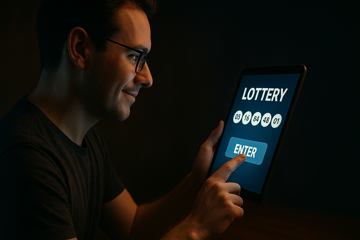 alt="A hopeful young man touching the enter button on a lottery screen, filled with anticipation and quiet excitement"