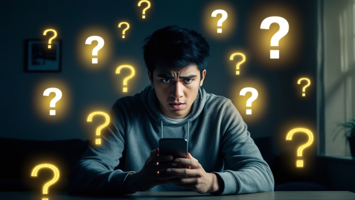 A worried young man staring at his phone, surrounded by glowing question marks, searching for answers about the Switch2 lottery. A moment of digital uncertainty and quiet urgency.