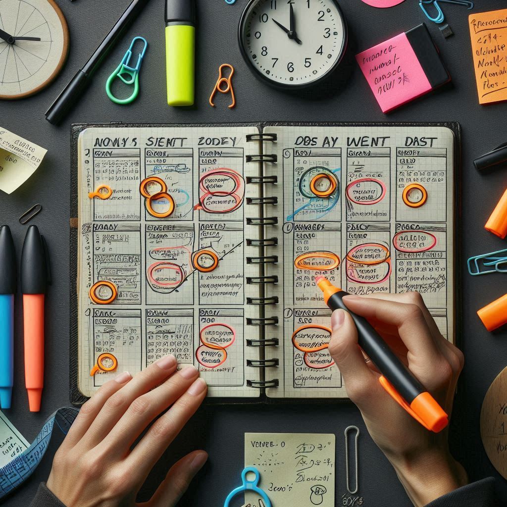 A pair of hands intensely marking a packed schedule with colorful circles and highlighters, surrounded by clocks and notes — symbolizing the anxious anticipation of the next Switch2 lottery date. A visual tension of hope, strategy, and urgency.