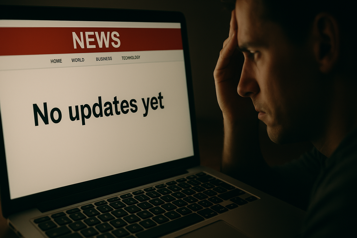 A frustrated man staring at a laptop screen displaying 'No updates yet' in bold letters, embodying the anxious wait and emotional tension of uncertain news. Shadows and dim light intensify the mood of disappointment and urgency.