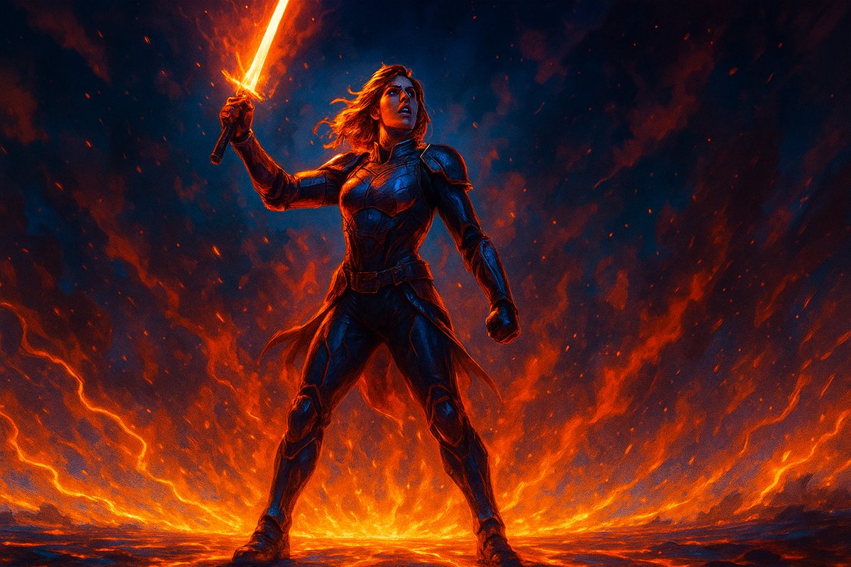 A determined female warrior rising from flames, holding a glowing sword with fierce courage and unshakable resolve — a scene of victory and raw emotional power."