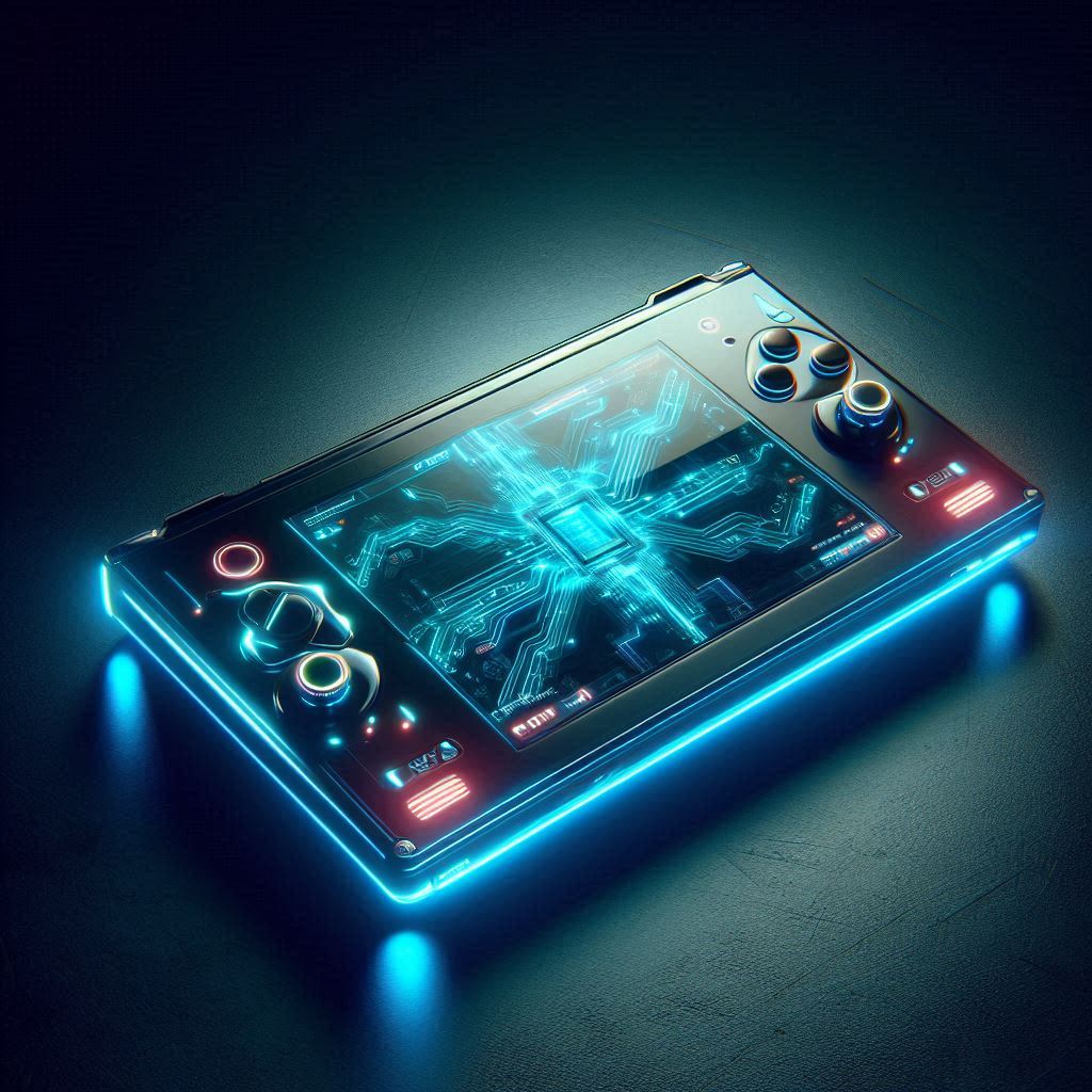 A futuristic handheld console glowing with vibrant blue energy, symbolizing the thrilling evolution of gaming and the boundless anticipation for what's next.