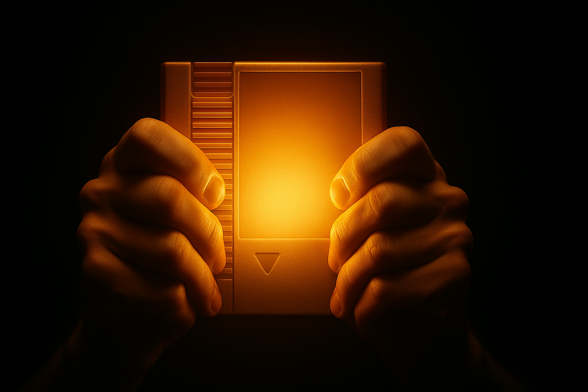 Hands tightly clutching a glowing retro game cartridge, radiating nostalgia, passion, and the eternal spark of gaming dreams reborn.