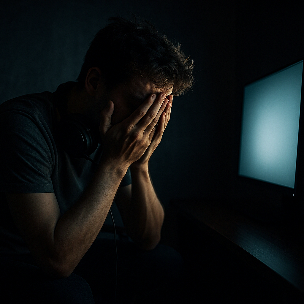A heartbroken gamer covers his face in deep frustration in front of a glowing screen, overwhelmed by another lottery defeat. Raw emotion, digital despair, and silent sorrow fill the dark room.