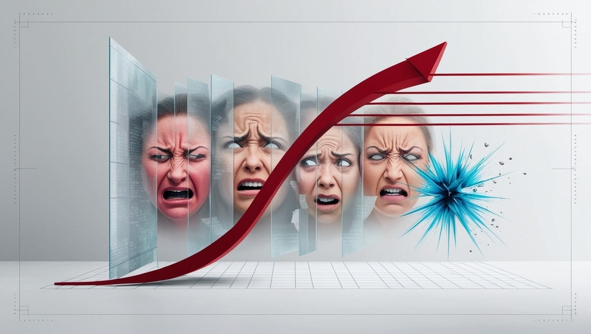 A rising red arrow pierces through layers of intense facial expressions — shock, rage, disbelief — ending in an explosive burst of emotion. Visualizing collective frustration and emotional escalation in digital culture.