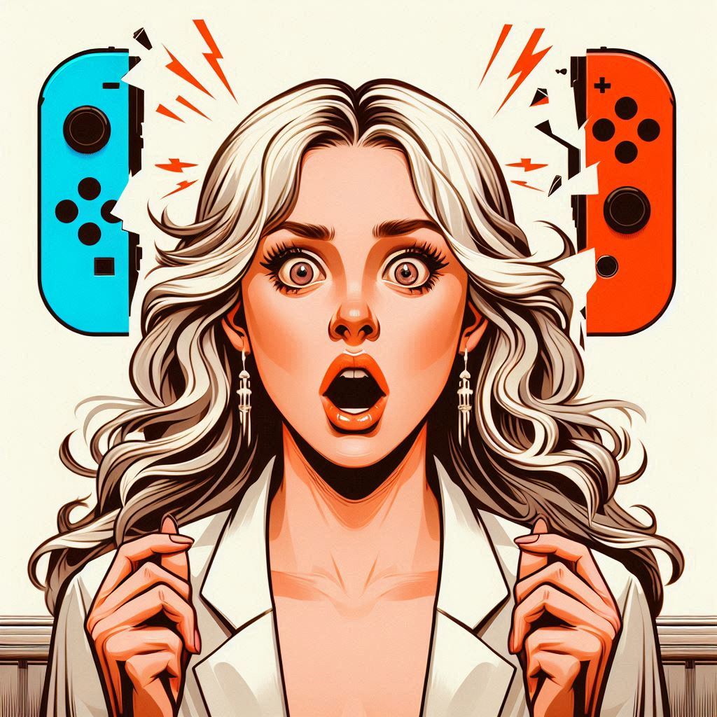 A shocked woman gasps as colorful gaming controllers explode beside her — a vivid metaphor of heartbreak, disbelief, and emotional collapse over unexpected disappointment.