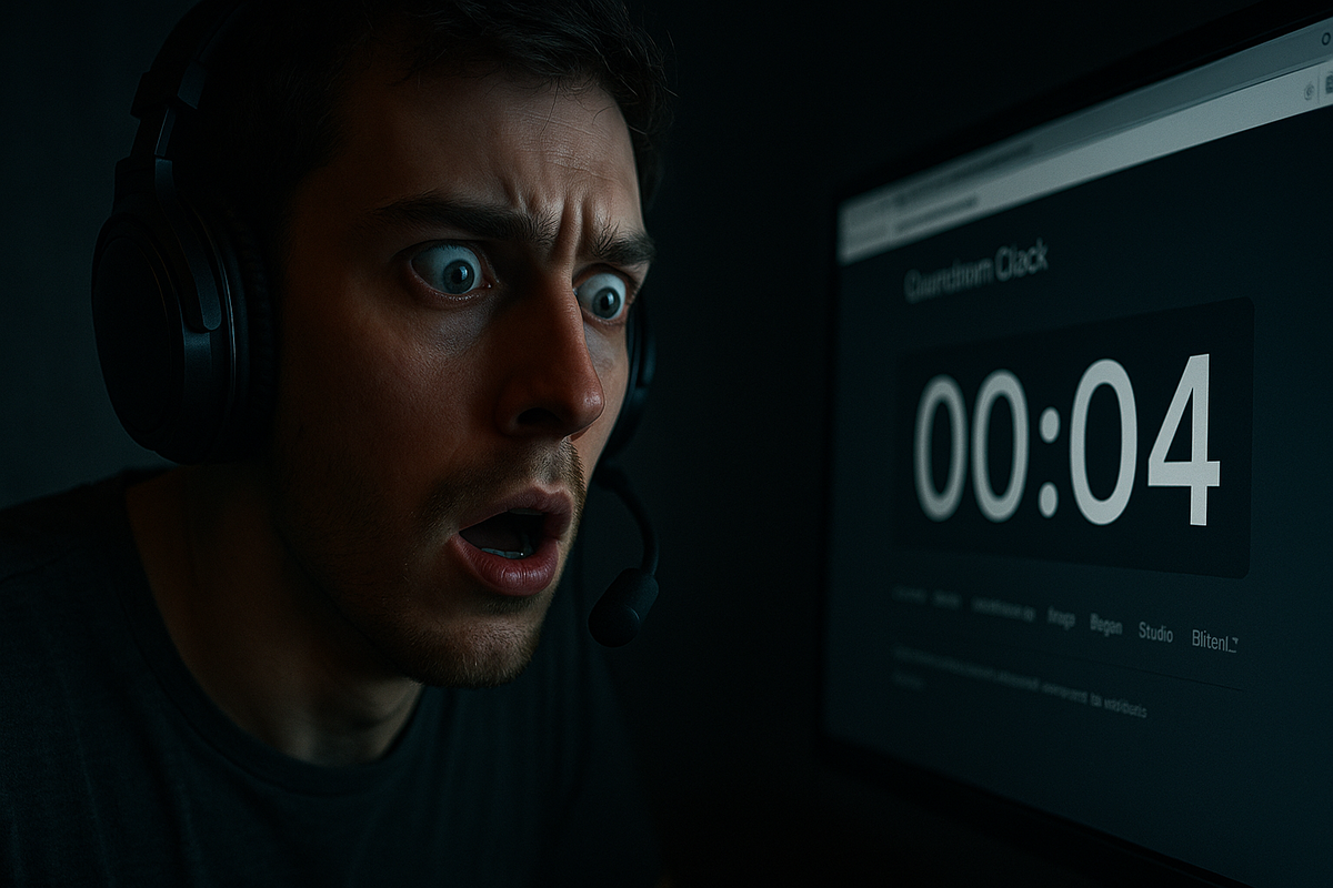 Shocked gamer staring at a countdown timer with only 4 seconds left, eyes wide open in panic and urgency, perfectly capturing the anxiety of missing a once-in-a-lifetime chance.