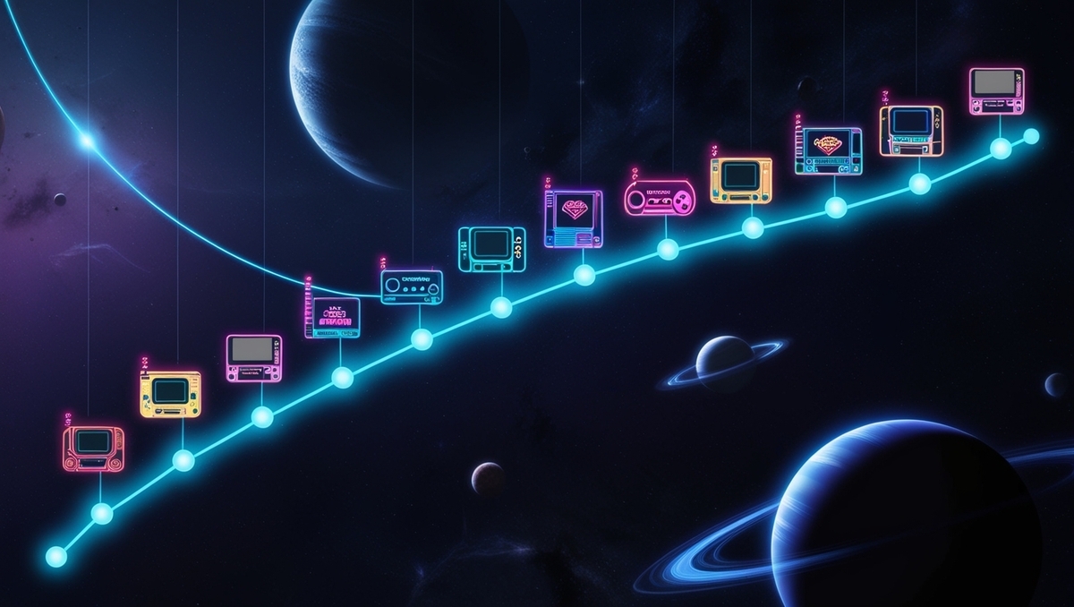A dazzling timeline of retro gaming consoles glowing through the cosmos — a nostalgic journey through time and play.”