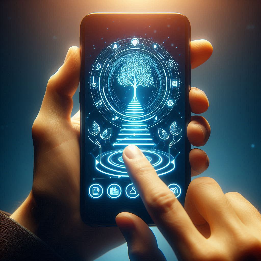 A glowing tree of digital growth emerges from a magical interface — symbolizing harmony between nature and technology.