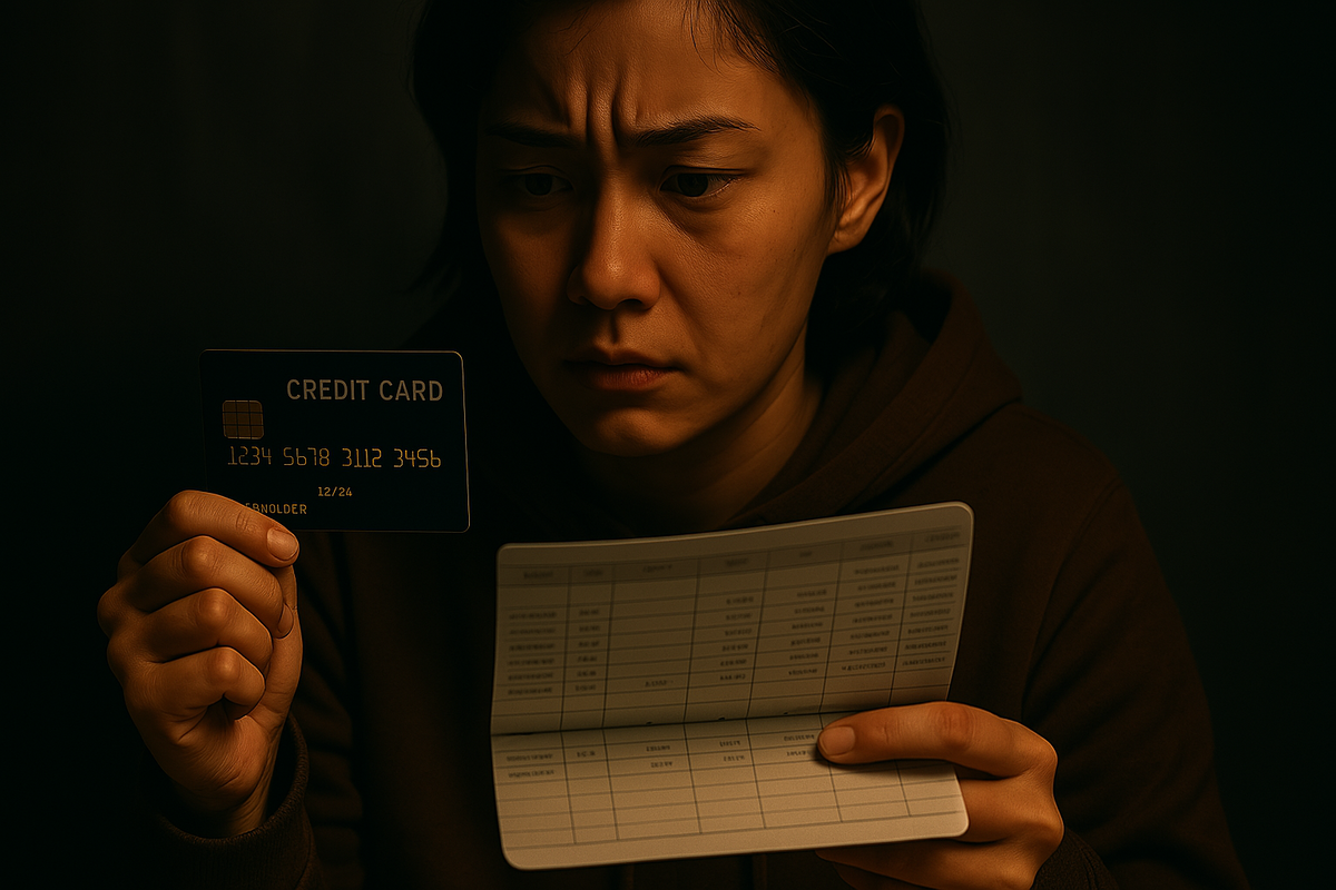A worried woman stares at her credit card and bankbook, caught in a quiet storm of financial uncertainty.
