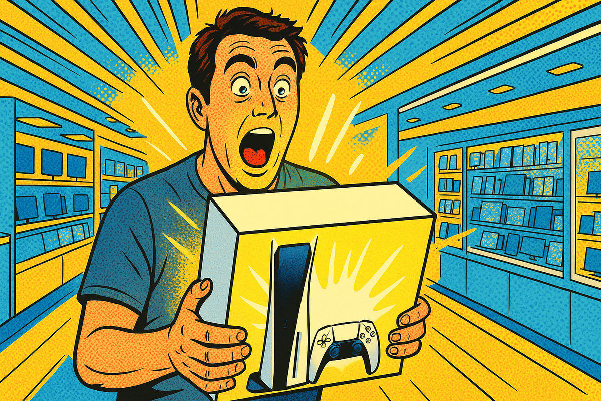 Jaw-dropping joy as a man finally holds the PS5 in-store — the dream come true after a long wait."