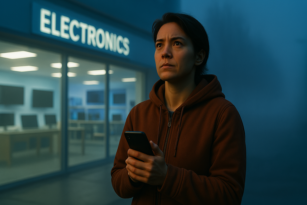 A hopeful shopper stands outside an electronics store at dawn, smartphone in hand, searching for the elusive PS5 — a moment of anticipation, determination, and quiet optimism.